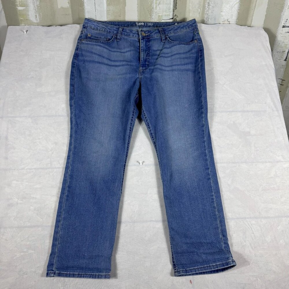 Lee Straight Leg Jeans Womens Blue‎ Denim Stretch Mid Rise Regular Fit Size 16P